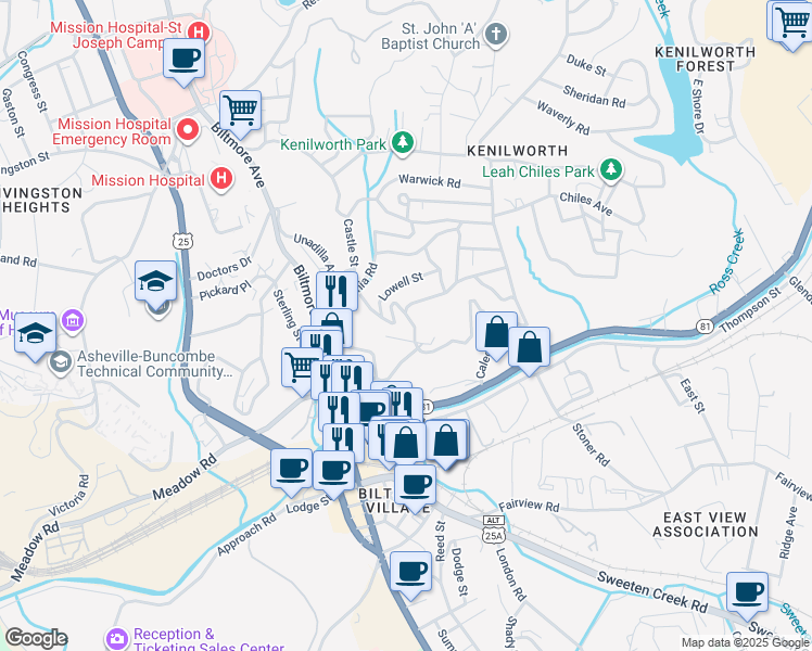 map of restaurants, bars, coffee shops, grocery stores, and more near 67 Caledonia Road in Asheville