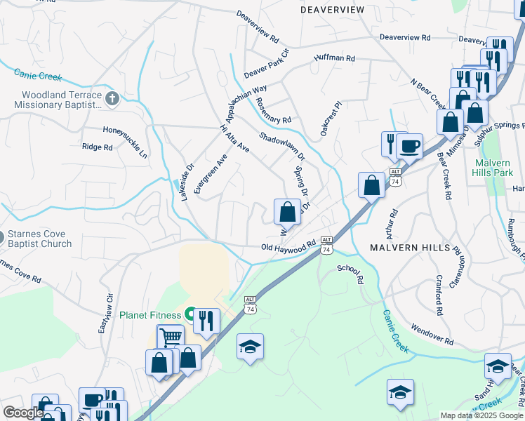 map of restaurants, bars, coffee shops, grocery stores, and more near 20 West Central Avenue in Asheville