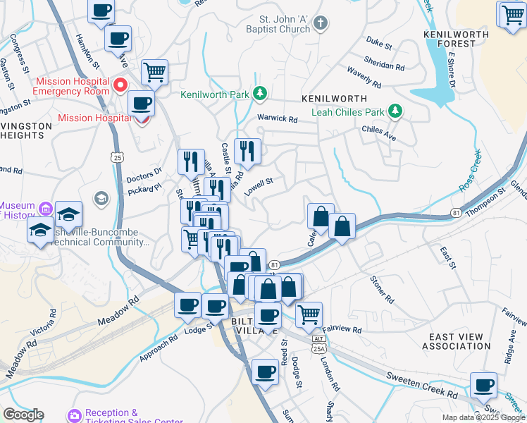 map of restaurants, bars, coffee shops, grocery stores, and more near 81 Caledonia Road in Asheville