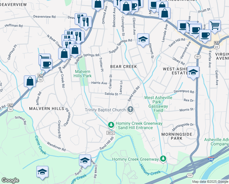 map of restaurants, bars, coffee shops, grocery stores, and more near 55 Salola St in Asheville