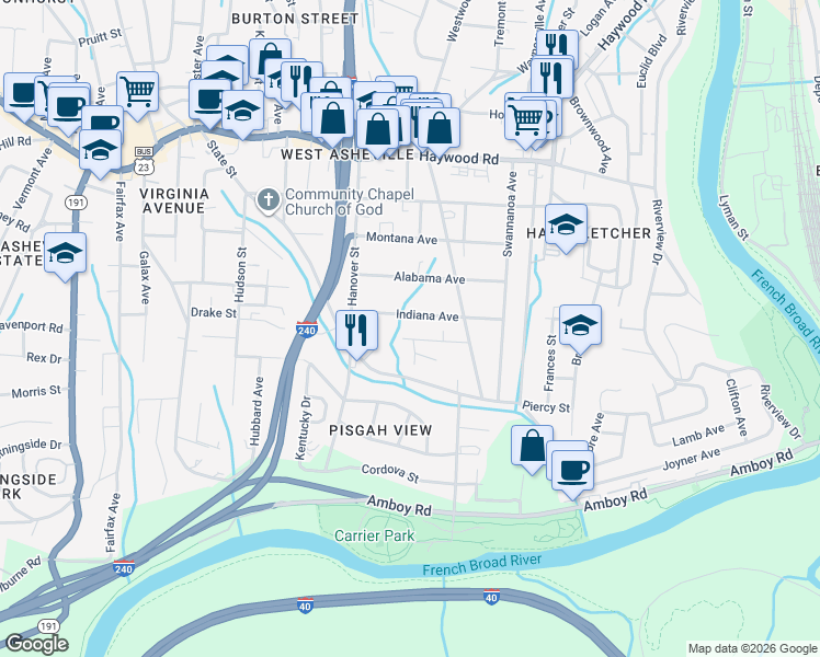 map of restaurants, bars, coffee shops, grocery stores, and more near 114 Indiana Avenue in Asheville