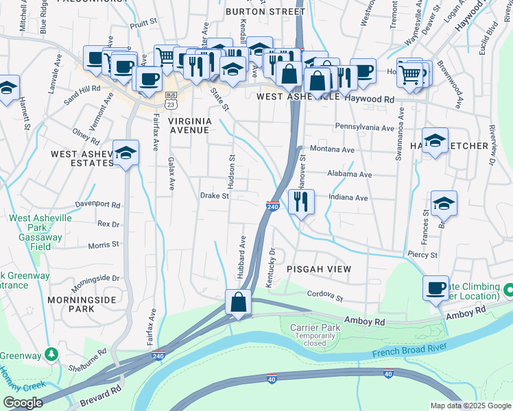 map of restaurants, bars, coffee shops, grocery stores, and more near 34 New Jersey Avenue in Asheville