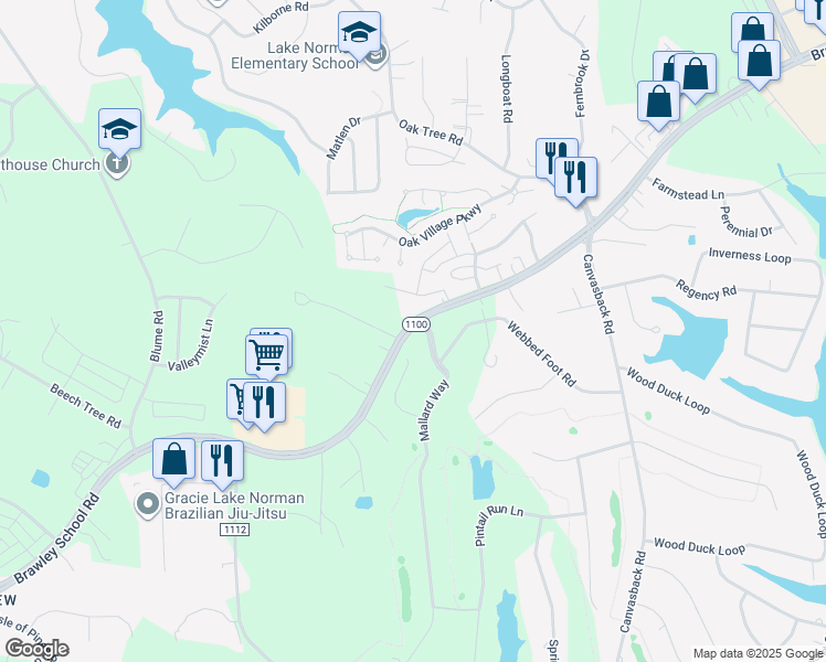 map of restaurants, bars, coffee shops, grocery stores, and more near 155 Dabbling Duck Circle in Mooresville