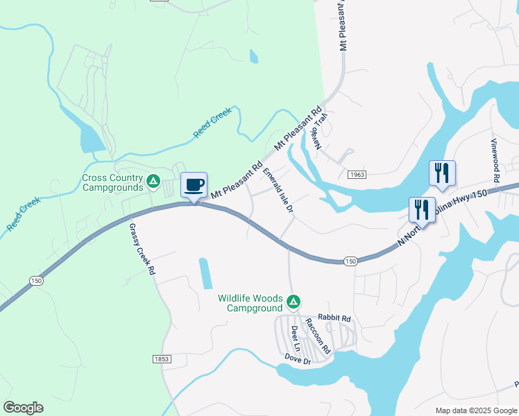 map of restaurants, bars, coffee shops, grocery stores, and more near 4400 Bach Drive in Sherrills Ford