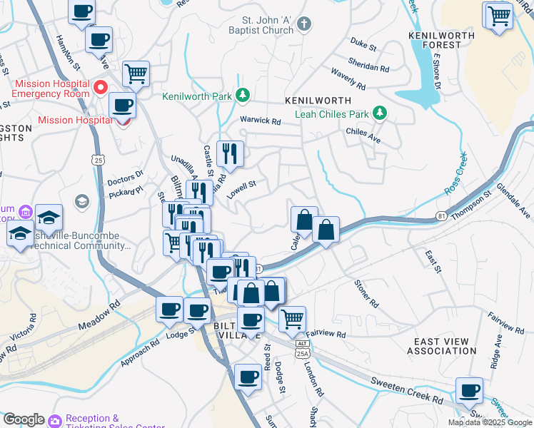 map of restaurants, bars, coffee shops, grocery stores, and more near 60 Caledonia Road in Asheville