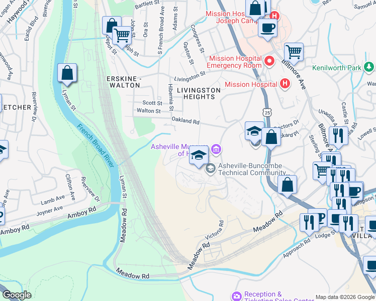 map of restaurants, bars, coffee shops, grocery stores, and more near 4 West Haith Drive in Asheville