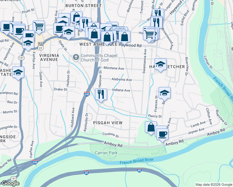 map of restaurants, bars, coffee shops, grocery stores, and more near 114 Indiana Avenue in Asheville