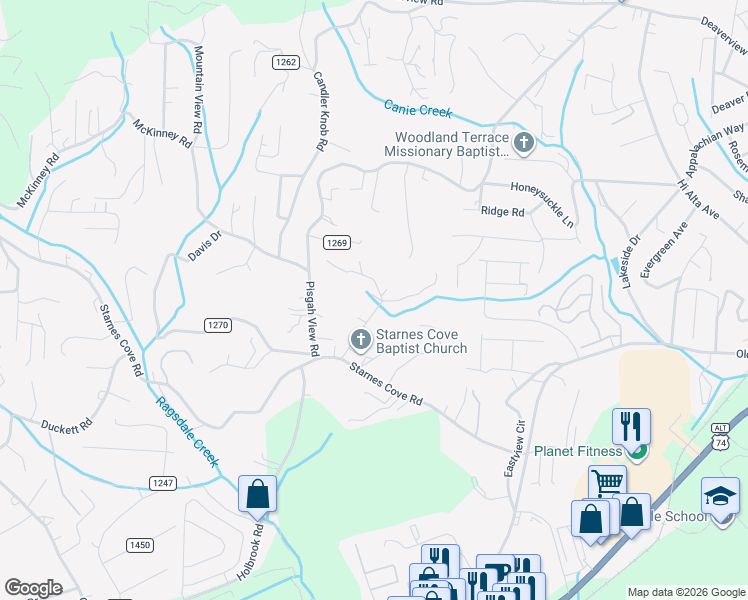 map of restaurants, bars, coffee shops, grocery stores, and more near 26 Daniel Road in Asheville