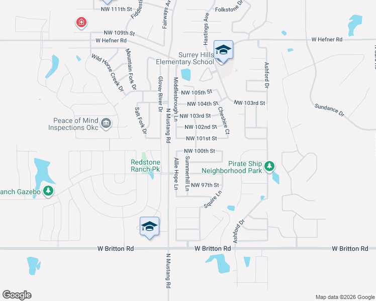 map of restaurants, bars, coffee shops, grocery stores, and more near 11301 Northwest 100th Street in Yukon