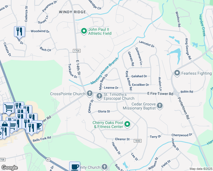 map of restaurants, bars, coffee shops, grocery stores, and more near 105 Leanne Drive in Greenville