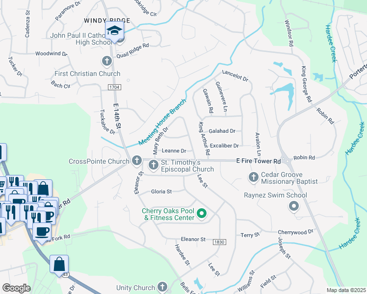 map of restaurants, bars, coffee shops, grocery stores, and more near 113 Leanne Drive in Greenville