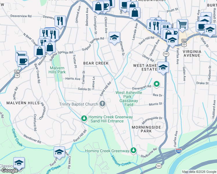 map of restaurants, bars, coffee shops, grocery stores, and more near 270 Sand Hill Road in Asheville