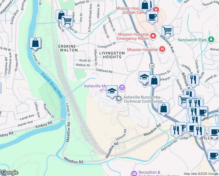 map of restaurants, bars, coffee shops, grocery stores, and more near 4 West Haith Drive in Asheville