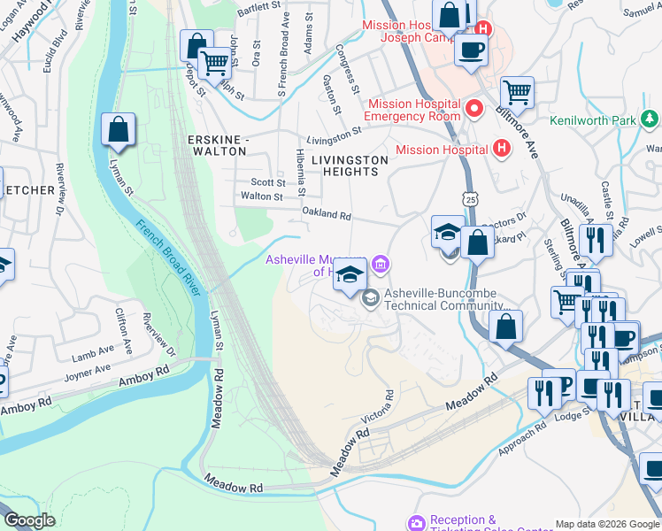 map of restaurants, bars, coffee shops, grocery stores, and more near 4 West Haith Drive in Asheville
