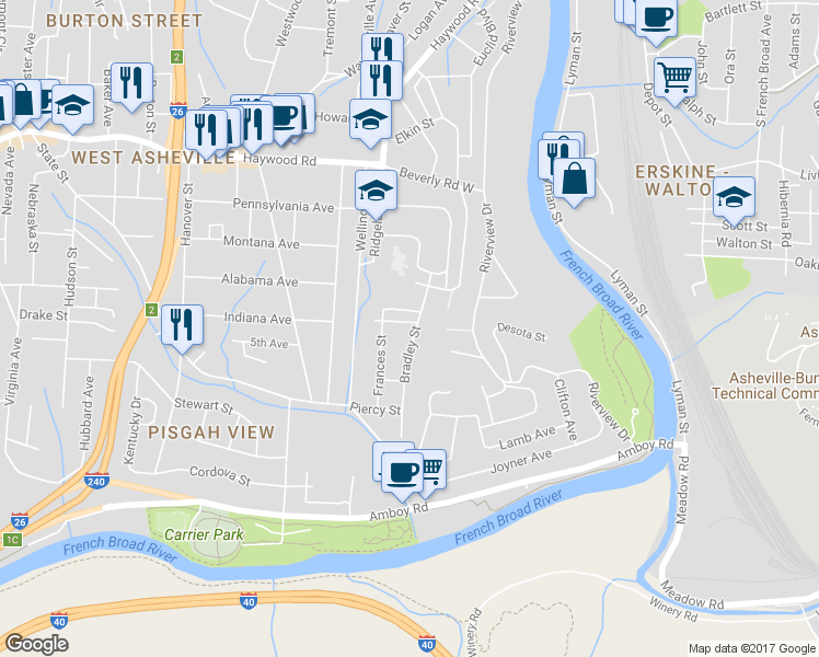 map of restaurants, bars, coffee shops, grocery stores, and more near 57 Bradley Street in Asheville