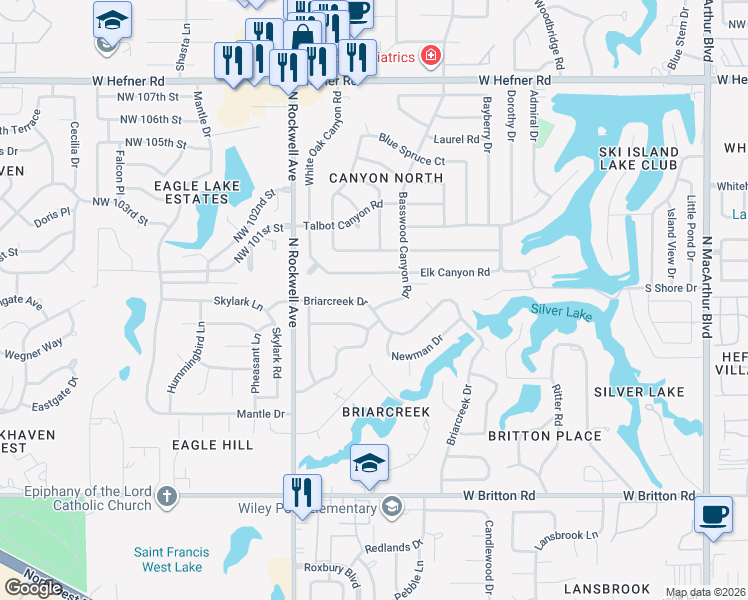 map of restaurants, bars, coffee shops, grocery stores, and more near 6901 Briarcreek Drive in Oklahoma City