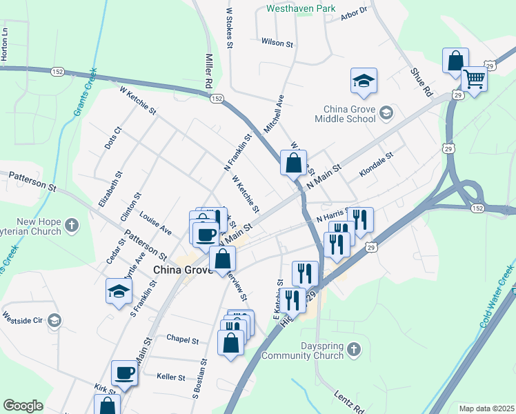 map of restaurants, bars, coffee shops, grocery stores, and more near 106 West Ketchie Street in China Grove
