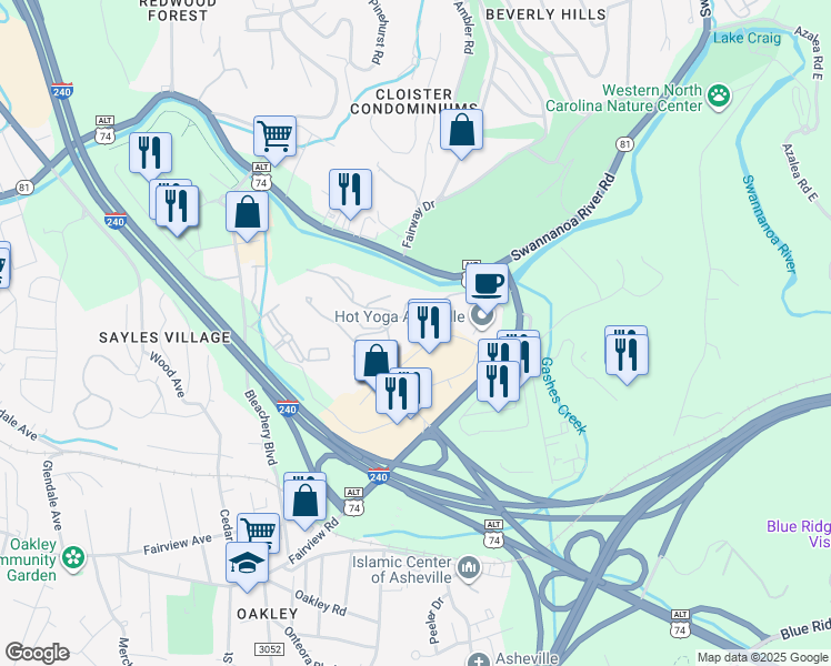 map of restaurants, bars, coffee shops, grocery stores, and more near 1503 River Ridge Drive in Asheville