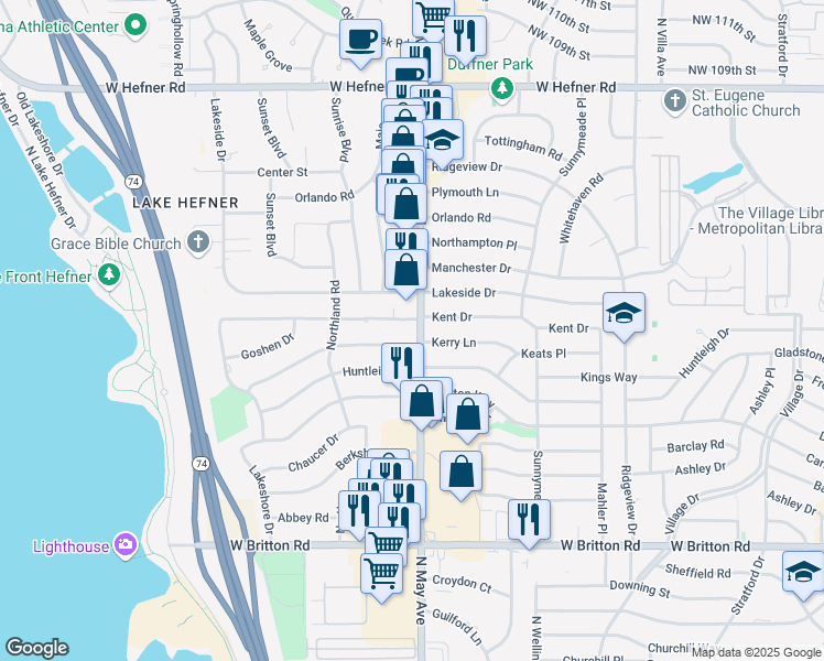 map of restaurants, bars, coffee shops, grocery stores, and more near 2900 Kent Drive in The Village