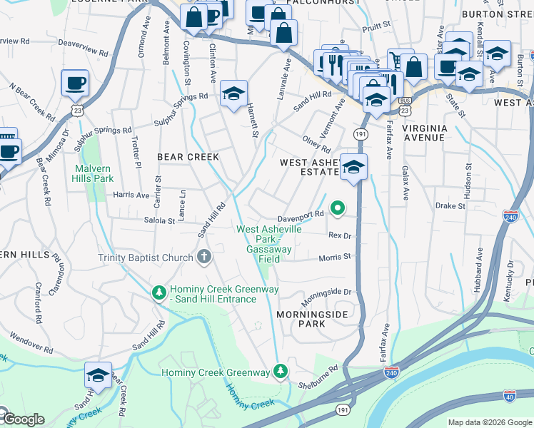 map of restaurants, bars, coffee shops, grocery stores, and more near 135 Davenport Road in Asheville