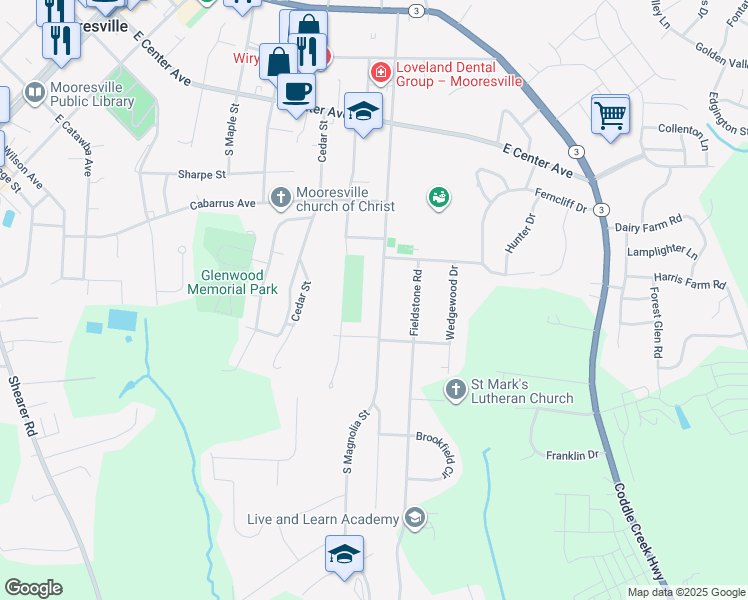 map of restaurants, bars, coffee shops, grocery stores, and more near 345 South Magnolia Street in Mooresville
