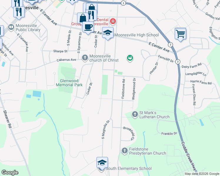 map of restaurants, bars, coffee shops, grocery stores, and more near 345 South Magnolia Street in Mooresville