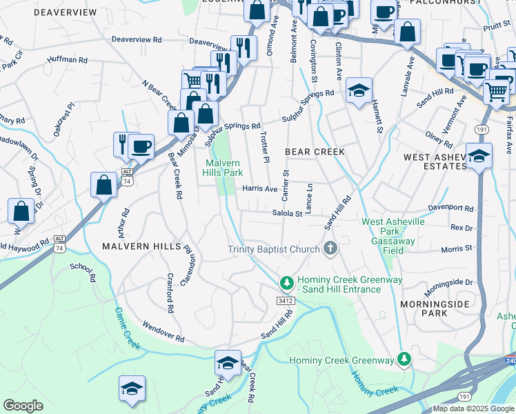 map of restaurants, bars, coffee shops, grocery stores, and more near 135 Salola Street in Asheville