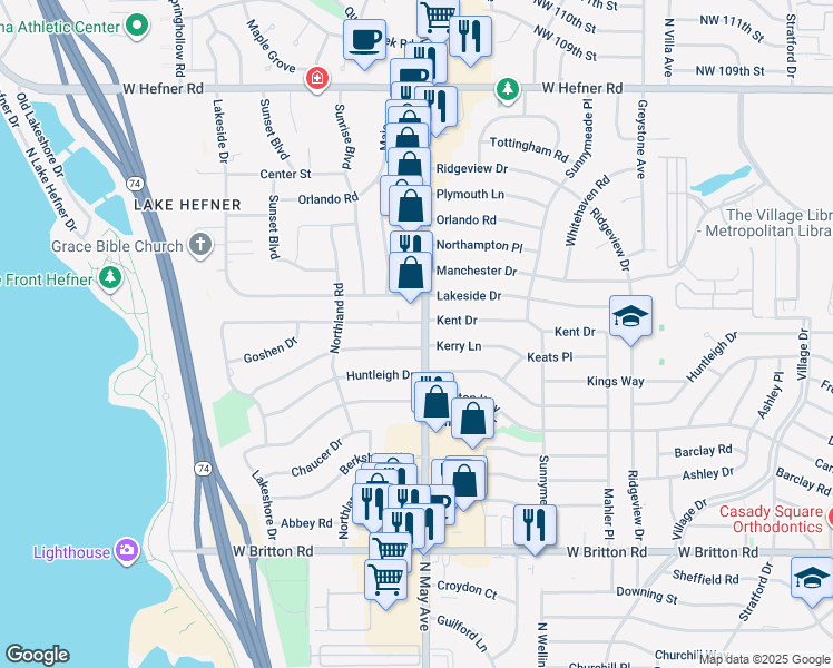 map of restaurants, bars, coffee shops, grocery stores, and more near 2900 Kent Drive in The Village