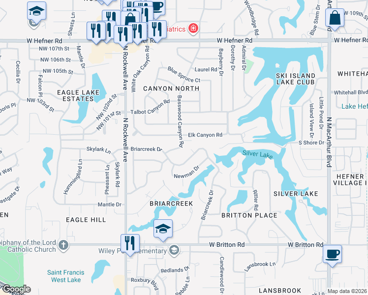 map of restaurants, bars, coffee shops, grocery stores, and more near 6704 Basswood Canyon Road in Oklahoma City