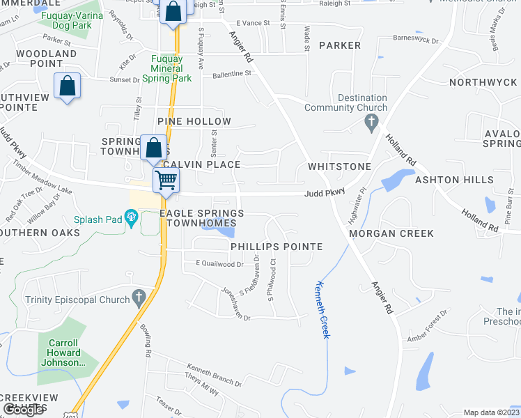 map of restaurants, bars, coffee shops, grocery stores, and more near 927 South Willhaven Drive in Fuquay Varina