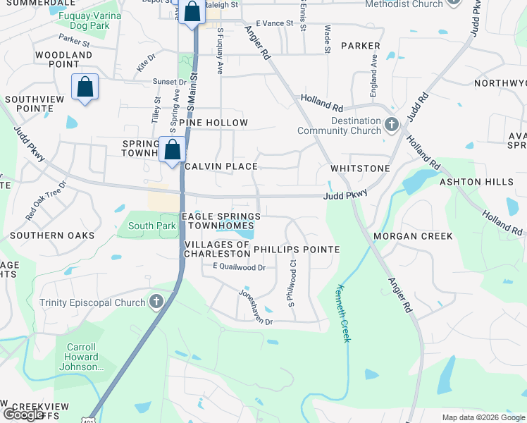 map of restaurants, bars, coffee shops, grocery stores, and more near 913 South Willhaven Drive in Fuquay-Varina