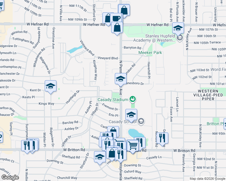 map of restaurants, bars, coffee shops, grocery stores, and more near 2133 Huntleigh Drive in The Village