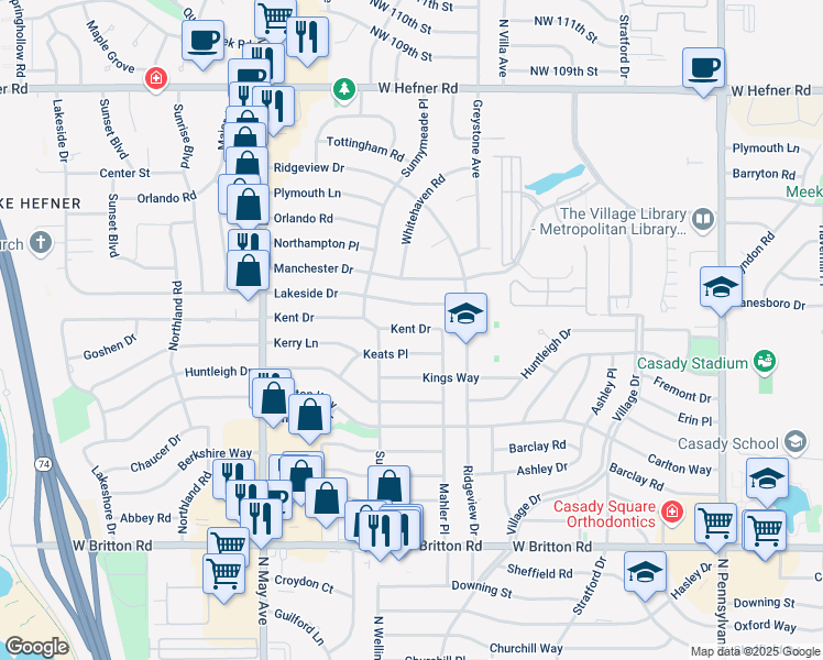 map of restaurants, bars, coffee shops, grocery stores, and more near 2618 Kent Drive in The Village