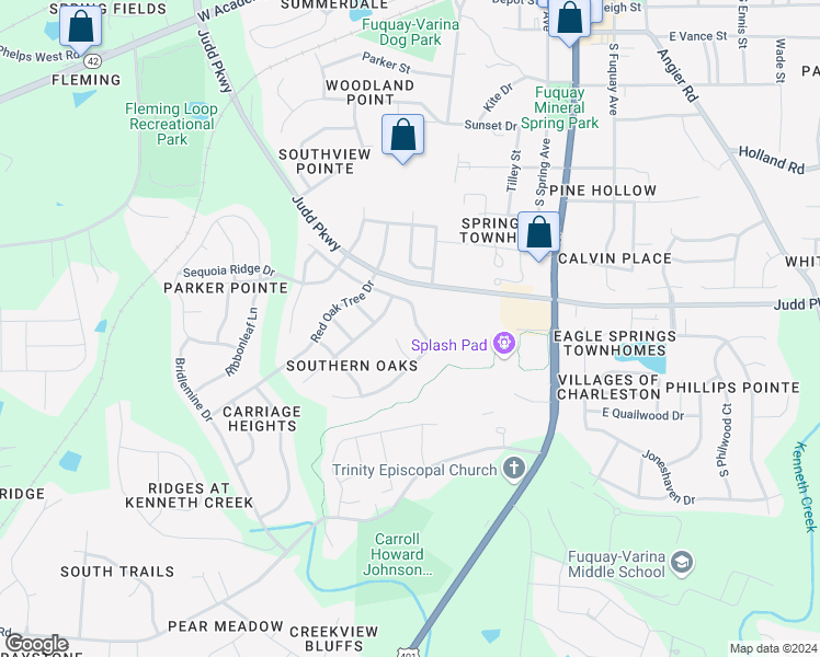 map of restaurants, bars, coffee shops, grocery stores, and more near 438 Timber Meadow Lake Drive in Fuquay-Varina