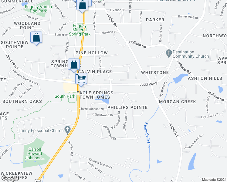 map of restaurants, bars, coffee shops, grocery stores, and more near 913 South Willhaven Drive in Fuquay-Varina
