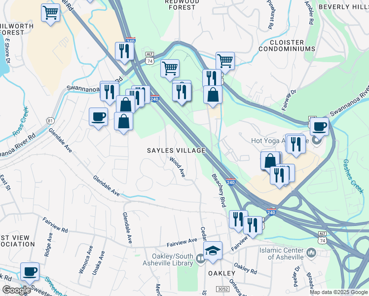 map of restaurants, bars, coffee shops, grocery stores, and more near 13 Sayles Road in Asheville