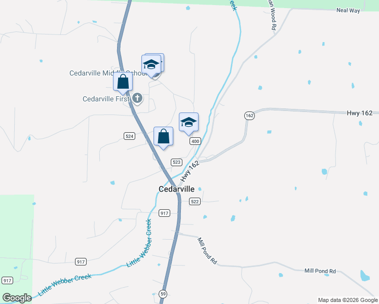 map of restaurants, bars, coffee shops, grocery stores, and more near 639 Pirates Way in Cedarville