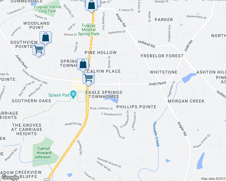 map of restaurants, bars, coffee shops, grocery stores, and more near 339 South Willhaven Drive in Fuquay Varina