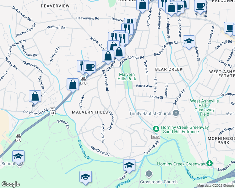 map of restaurants, bars, coffee shops, grocery stores, and more near 96 Madeline Avenue in Asheville