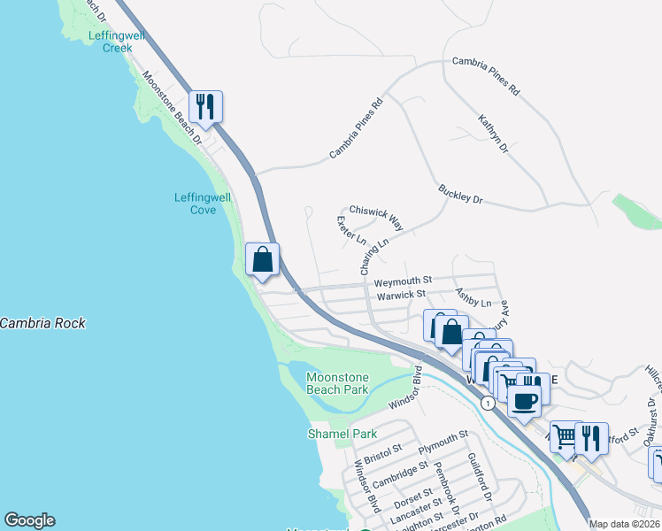 map of restaurants, bars, coffee shops, grocery stores, and more near 361 Chelsea Lane in Cambria
