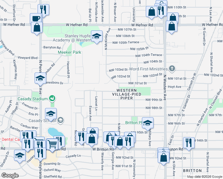 map of restaurants, bars, coffee shops, grocery stores, and more near 1421 Northwest 100th Street in Oklahoma City