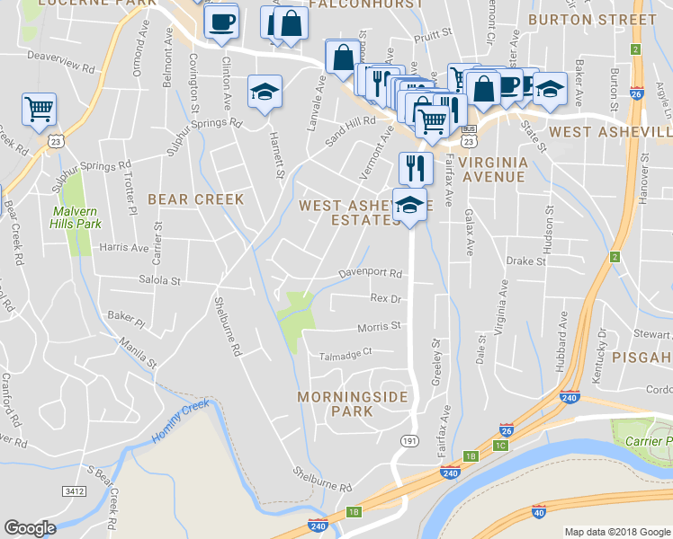 map of restaurants, bars, coffee shops, grocery stores, and more near 65 Davenport Road in Asheville