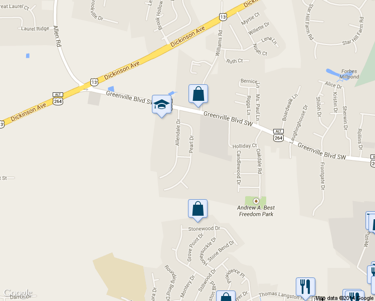 map of restaurants, bars, coffee shops, grocery stores, and more near 116 Pearl Drive in Greenville