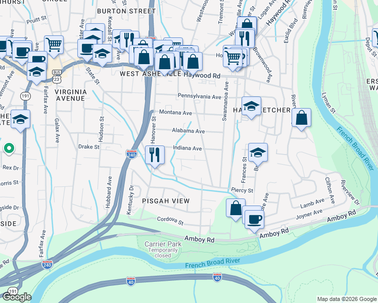 map of restaurants, bars, coffee shops, grocery stores, and more near 60 Indiana Ave in Asheville