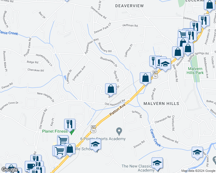 map of restaurants, bars, coffee shops, grocery stores, and more near 3 West Central Avenue in Asheville
