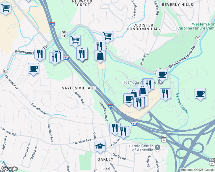 map of restaurants, bars, coffee shops, grocery stores, and more near 2205 Verde Vista Circle in Asheville