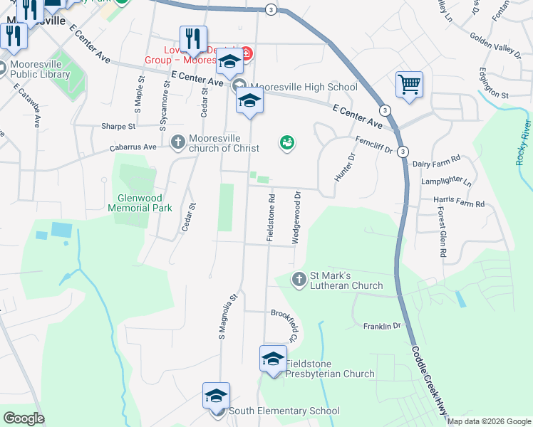 map of restaurants, bars, coffee shops, grocery stores, and more near 345 Fieldstone Road in Mooresville