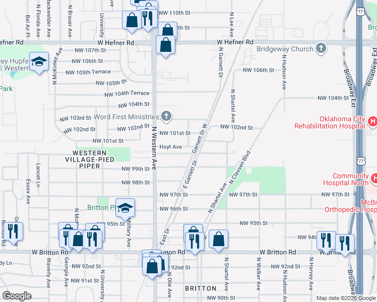 map of restaurants, bars, coffee shops, grocery stores, and more near 907 Northwest 100th Street in Oklahoma City