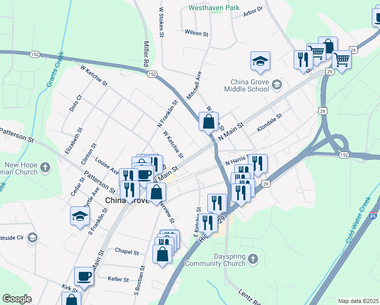 map of restaurants, bars, coffee shops, grocery stores, and more near 106 West Ketchie Street in China Grove