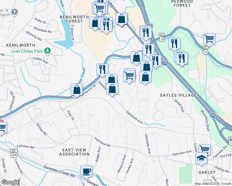 map of restaurants, bars, coffee shops, grocery stores, and more near 99999 McArthur Lane in Asheville